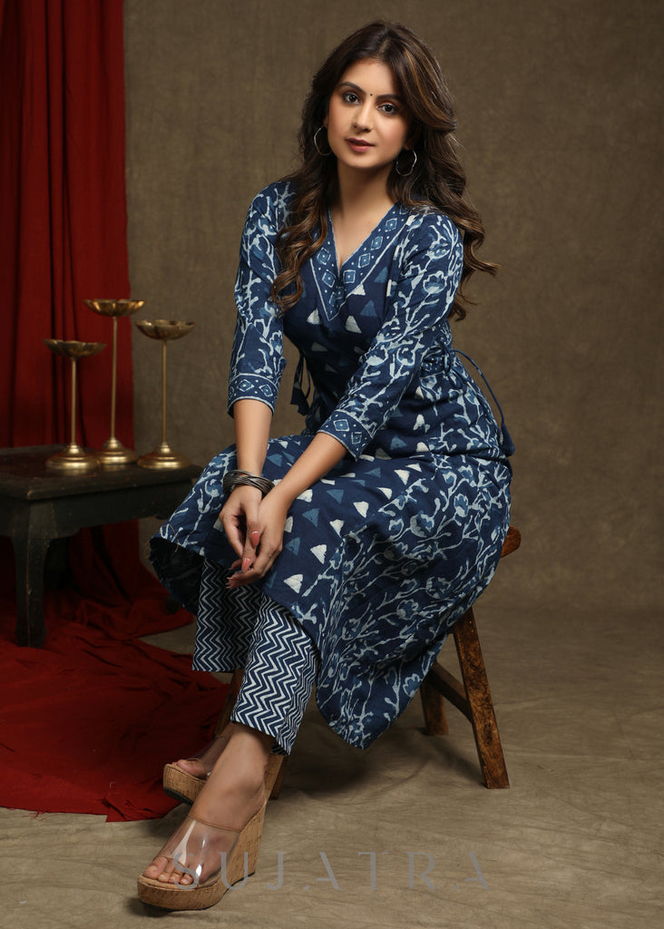 Elegant Indigo Combination A-Line Kurta - Pant optional