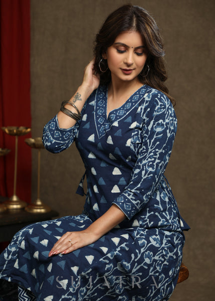 Elegant Indigo Combination A-Line Kurta - Pant optional