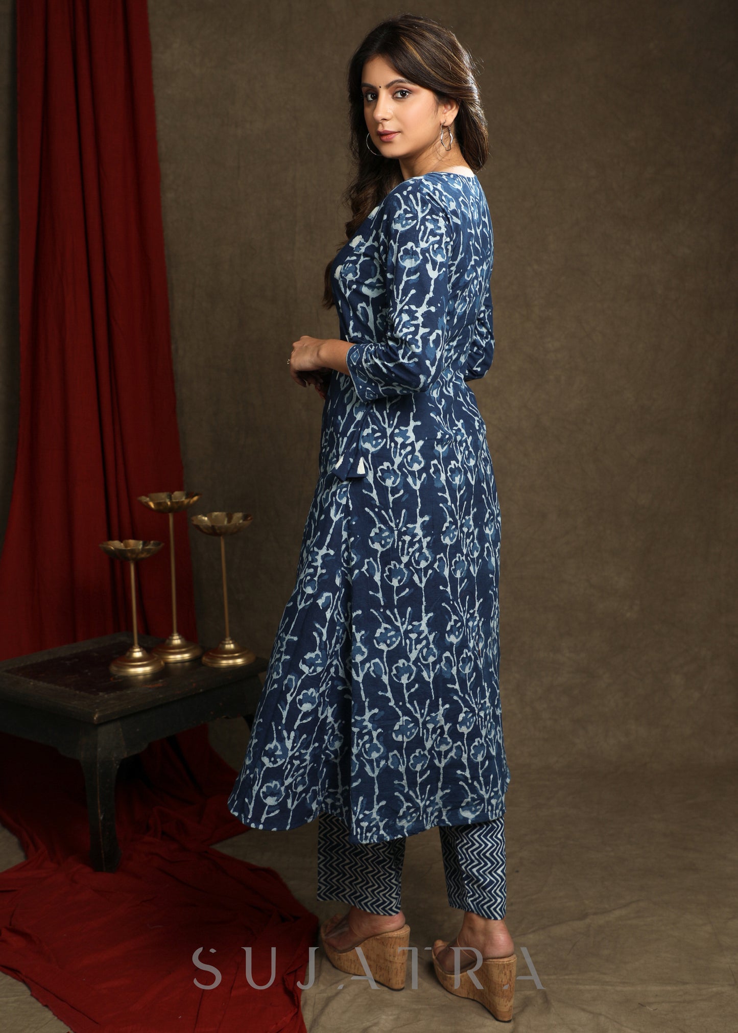 Elegant Indigo Combination A-Line Kurta - Pant optional