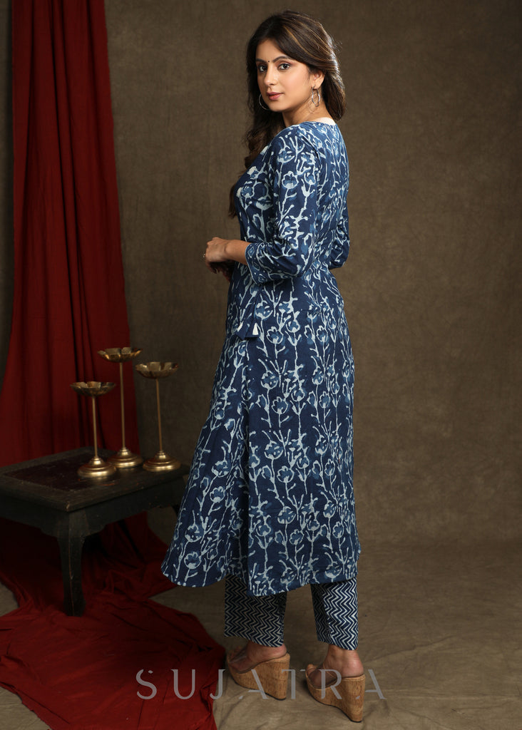 Elegant Indigo Combination A-Line Kurta - Pant optional