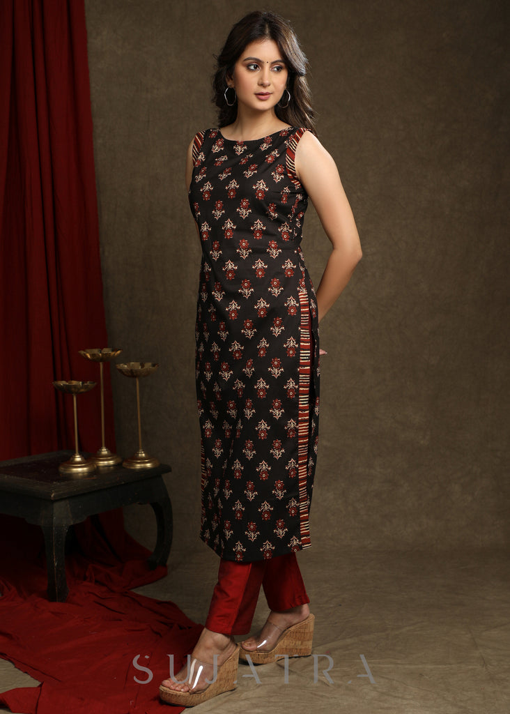 Trendy Black Floral Printed Sleeveless Kurta - Pant Optional
