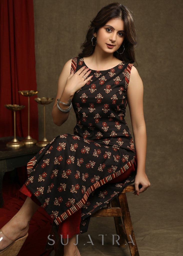 Trendy Black Floral Printed Sleeveless Kurta - Pant Optional