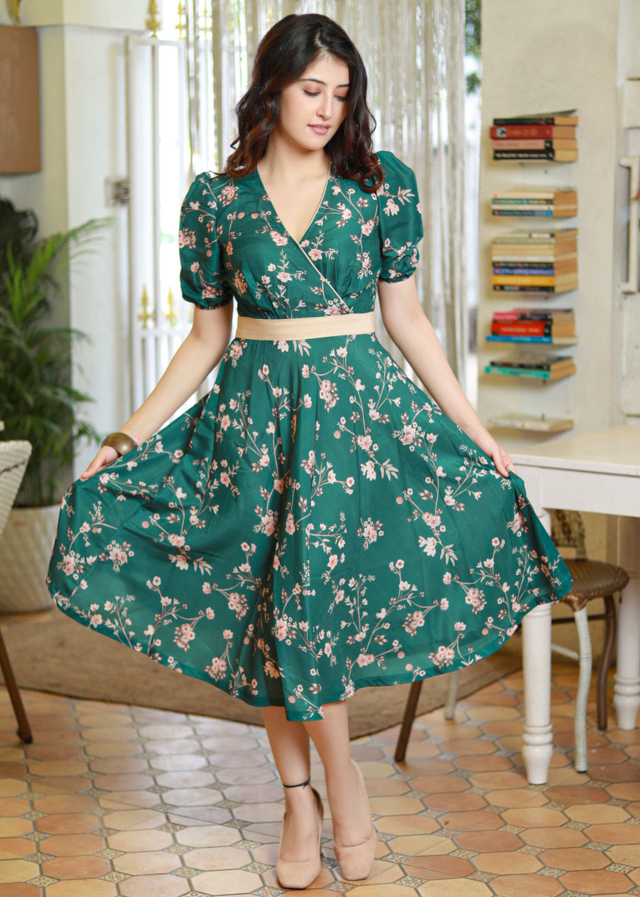 Classy Forest Green Floral Satin A-Line Gathered Crossover Dress Sujatra Classy Forest Green Floral Satin A-Line Gathered Crossover Dress Sujatra