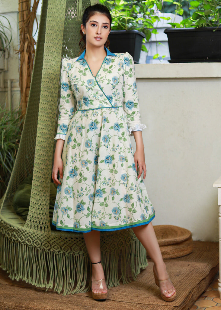 Stylish White Cotton Floral Crossover Dress with Contrast Collar