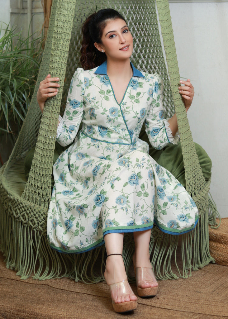 Stylish White Cotton Floral Crossover Dress with Contrast Collar