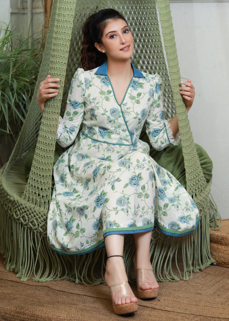 Stylish White Cotton Floral Crossover Dress with Contrast Collar