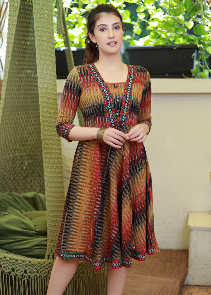 Exclusive Multicolour Cotton Ikat Dress Highlighted with Matching Ikat Border