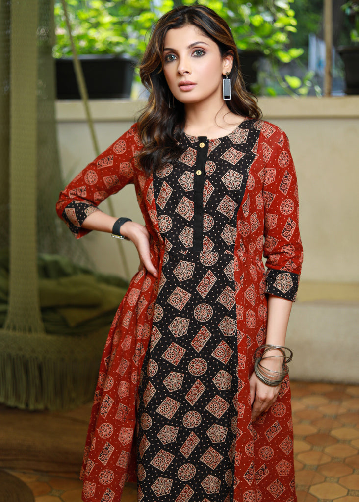 Trendy Black and Maroon Ajrakh Mix Match Dress