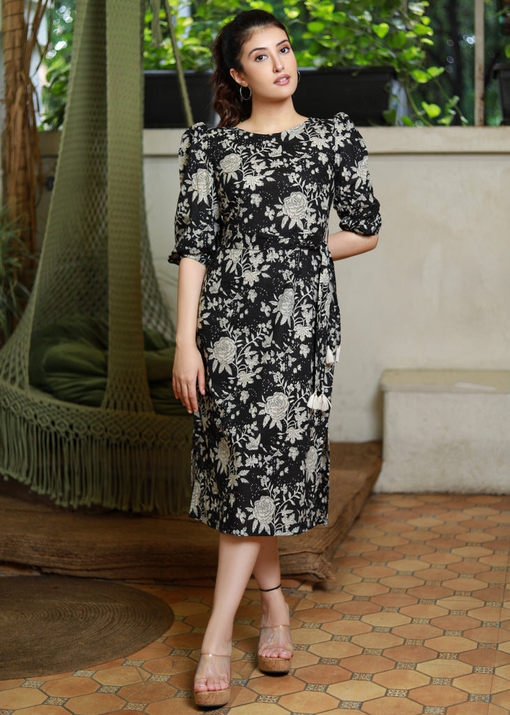 Breezy Black Cotton Floral Boat Neck Dress with Belt