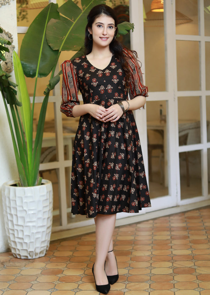 Trendy Black Floral printed Dress with Striped Sleeves