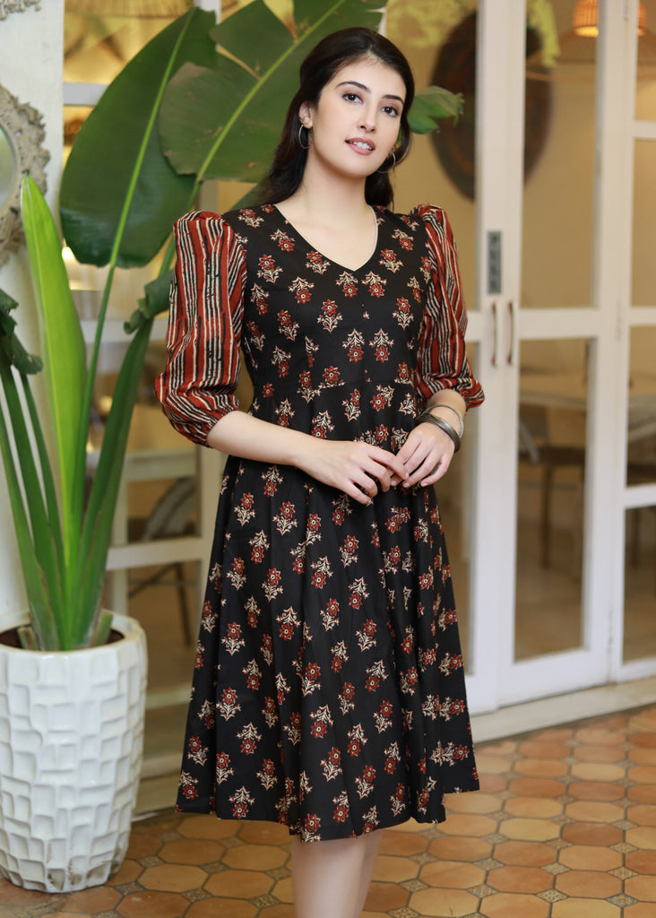 Trendy Black Floral printed Dress with Striped Sleeves
