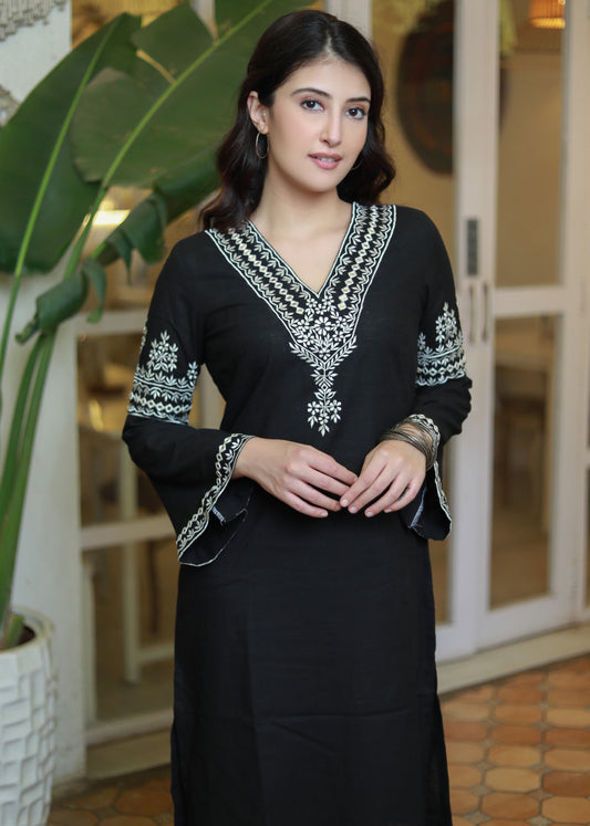 Straight Ebony and Black Embroidered Bell Sleeve Dress