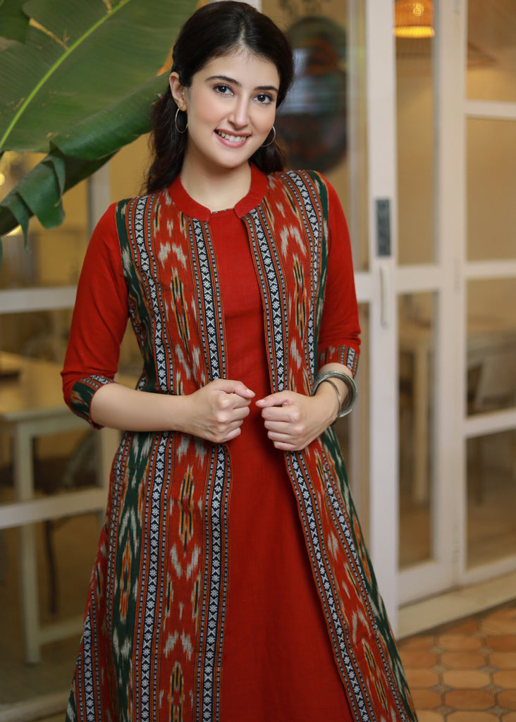 Classy Maroon Cotton A-Line Dress with Multi-Colour Ikat Sleeveless Jacket