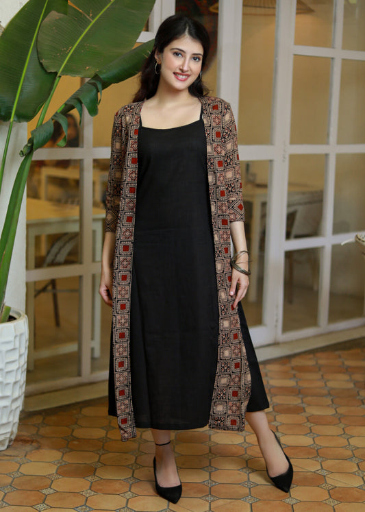 Black cotton slip dress - Ajrakh jacket optional