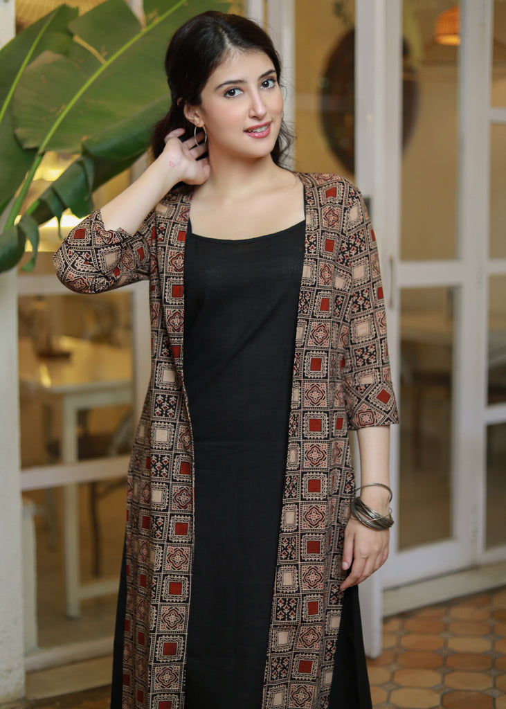 Exclusive Black Cotton Slip Dress with Ajrakh Jacket
