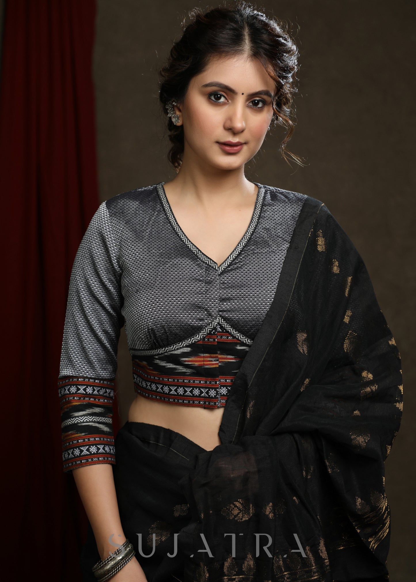 Elegant Grey Ikkat Combination Khun Blouse