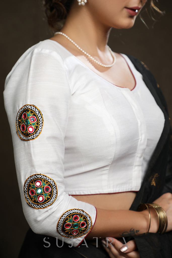 White Cotton Silk Kutch Embroiderd Patch Work Blouse