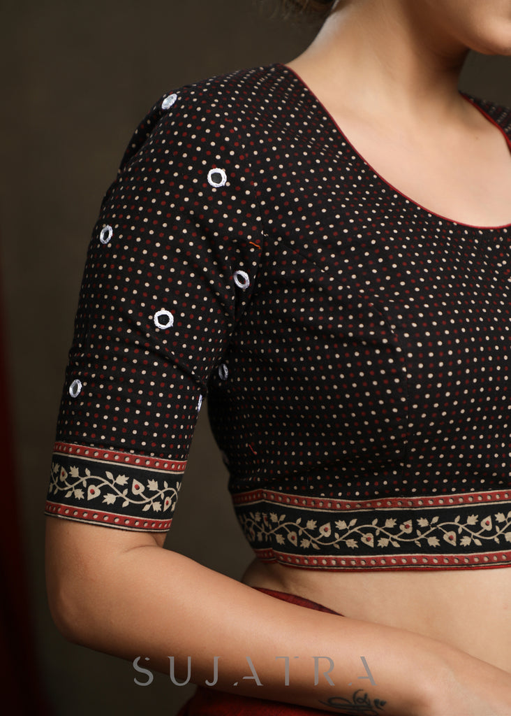 Hand Mirror Embroidered Black Ajrak Combination Blouse