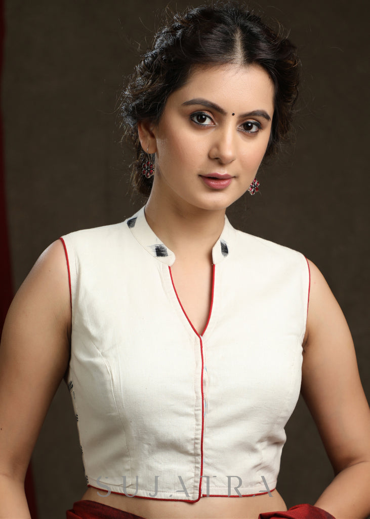 Trendy Cotton Ikkat Combination Off-White Sleeveless Blouse