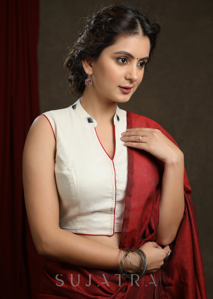 Trendy Cotton Ikkat Combination Off-White Sleeveless Blouse