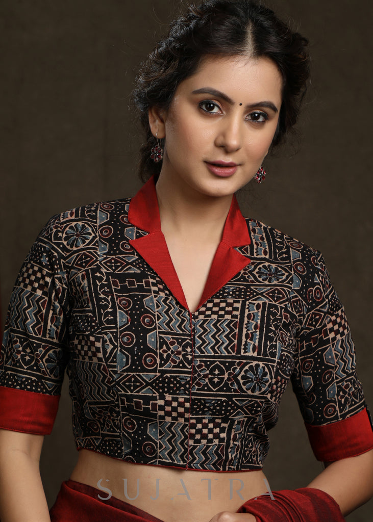 Black Cotton Ajrak Blouse with Maroon Jacket Collar