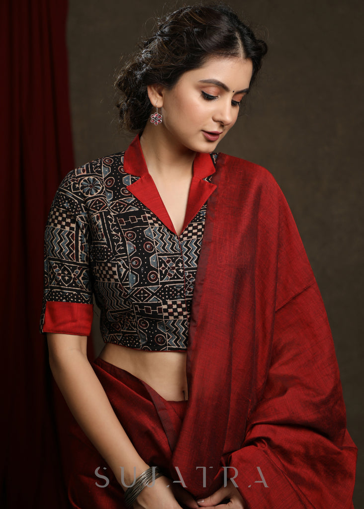 Black Cotton Ajrak Blouse with Maroon Jacket Collar