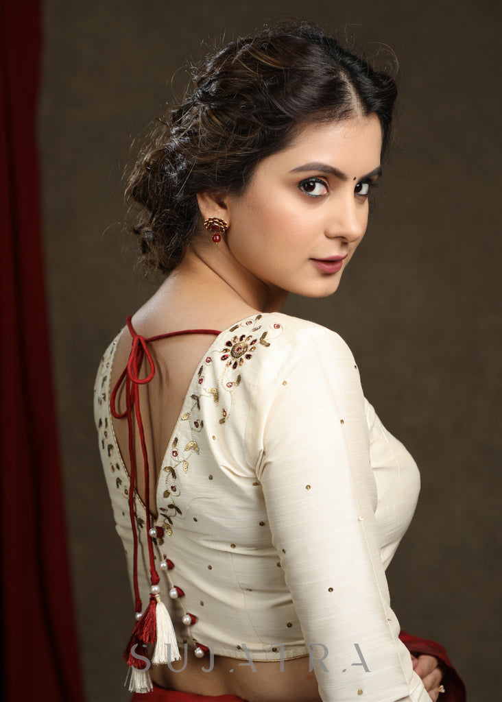 Hand Embroidered Off White Cotton Silk blouse - Optional Plain Saree