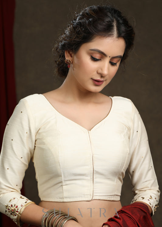 Hand Embroidered Off White Cotton Silk blouse - Optional Plain Saree