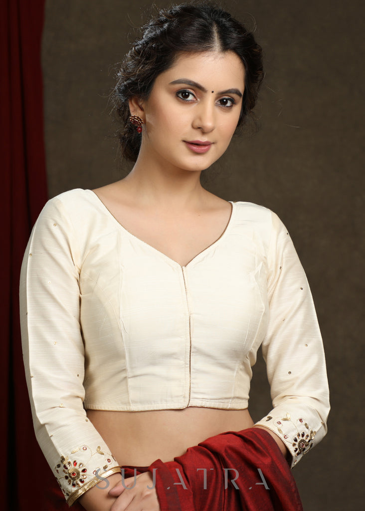Hand Embroidered Off White Cotton Silk blouse - Optional Plain Saree