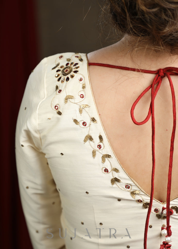 Hand Embroidered Off White Cotton Silk blouse - Optional Plain Saree