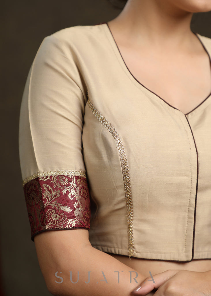Beautiful Beige Cotton Silk Brocade Combination Blouse - Optional Plain Saree