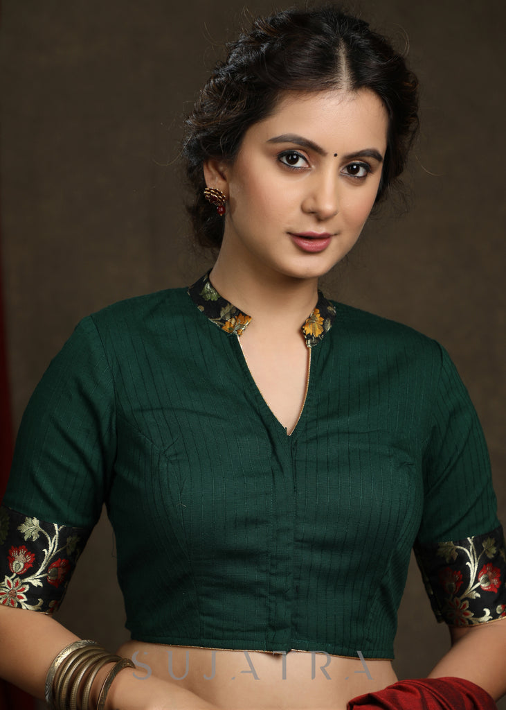 Dark Green Cotton Blend Brocade Combination Blouse - Plain Saree Optional