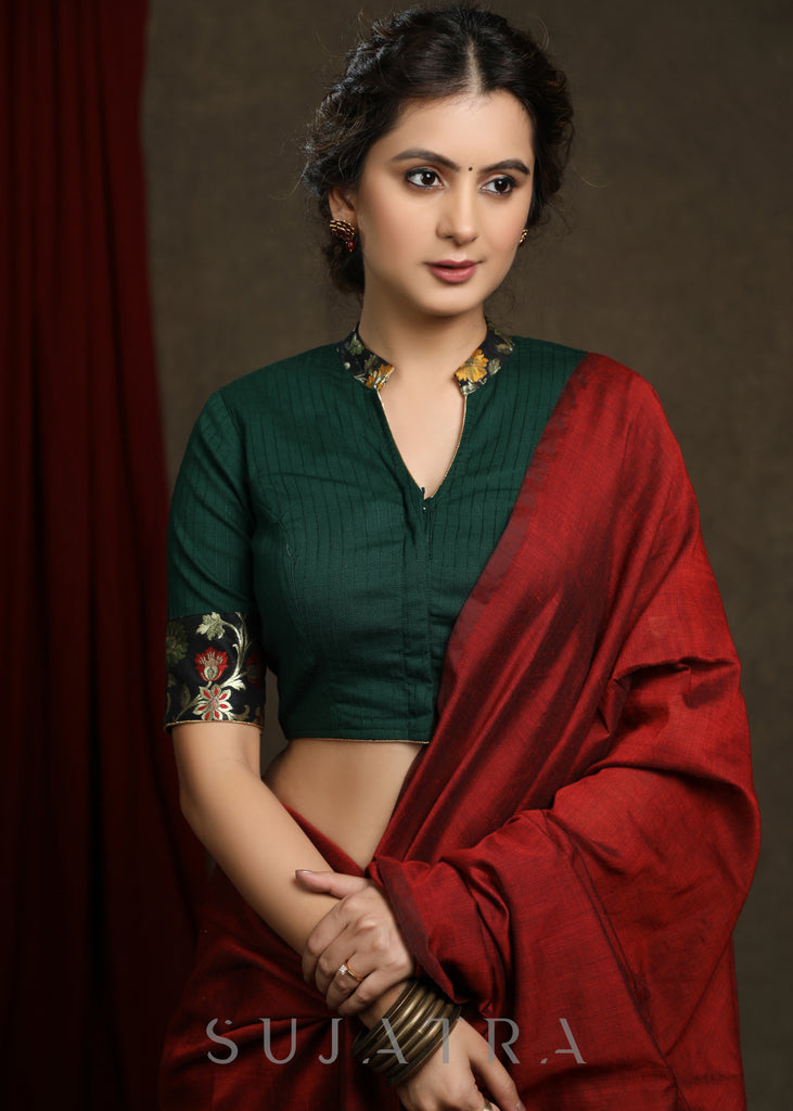 Dark Green Cotton Blend Brocade Combination Blouse - Plain Saree Optional