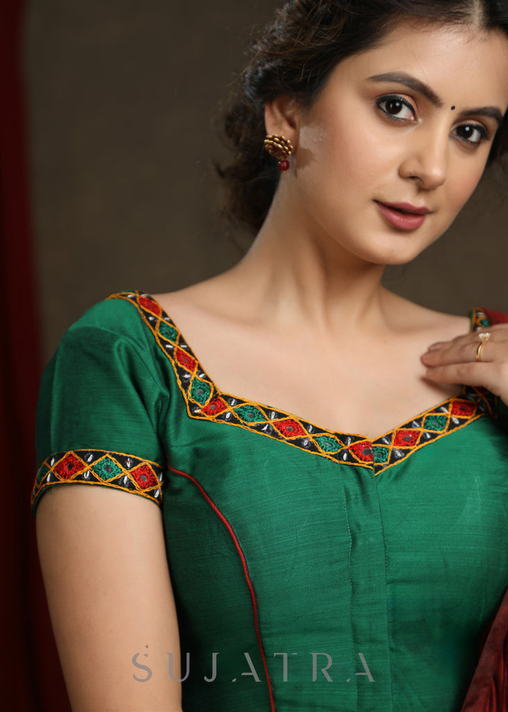 Beautiful Forest Green Kutch Mirror work Cap Sleeve Blouse
