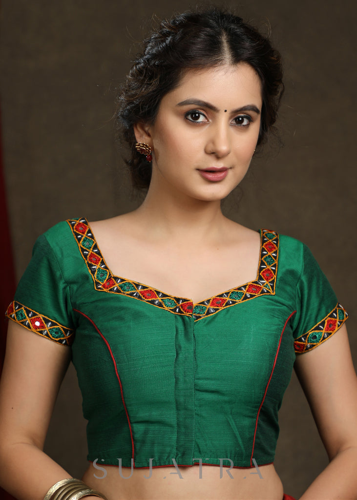 Beautiful Forest Green Kutch Mirror work Cap Sleeve Blouse