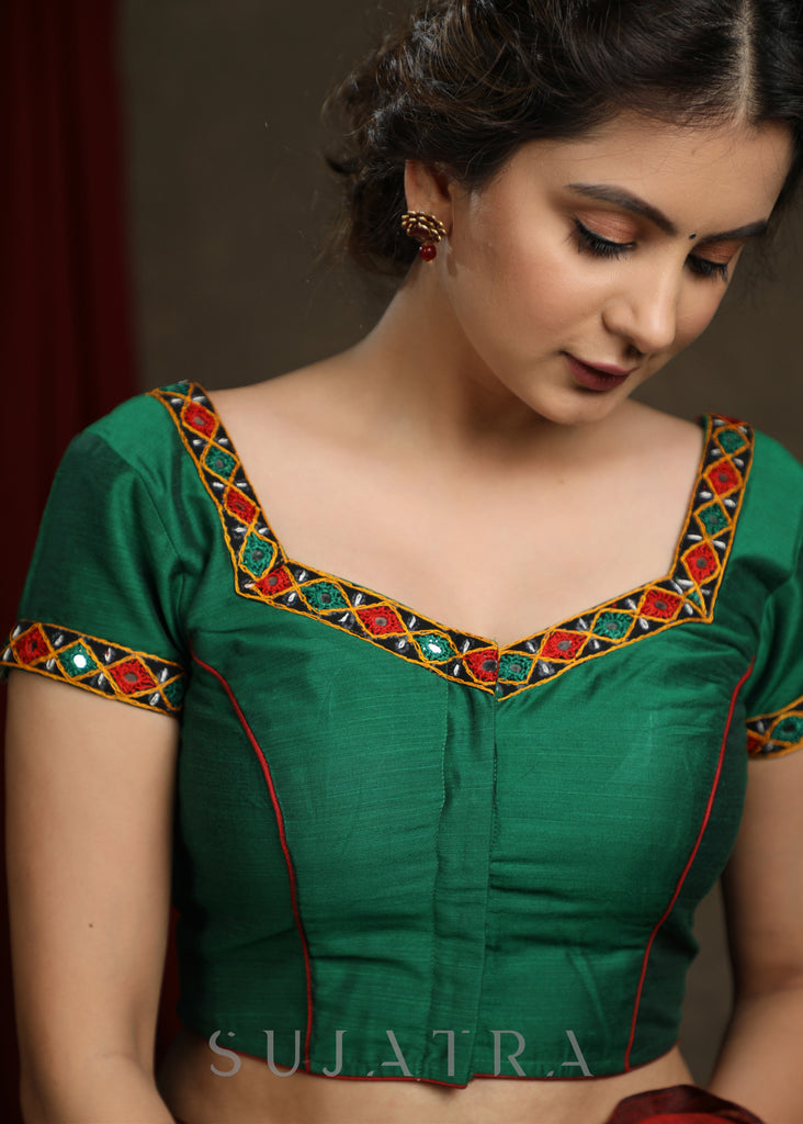 Beautiful Forest Green Kutch Mirror work Cap Sleeve Blouse