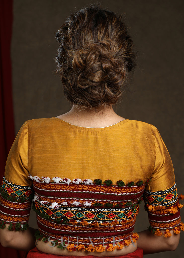 Mustard Cotton Silk Blouse with Kutch Lace and Mirror Combination