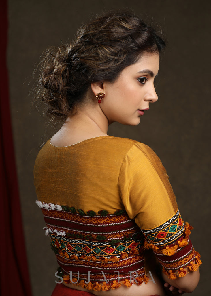 Mustard Cotton Silk Blouse with Kutch Lace and Mirror Combination