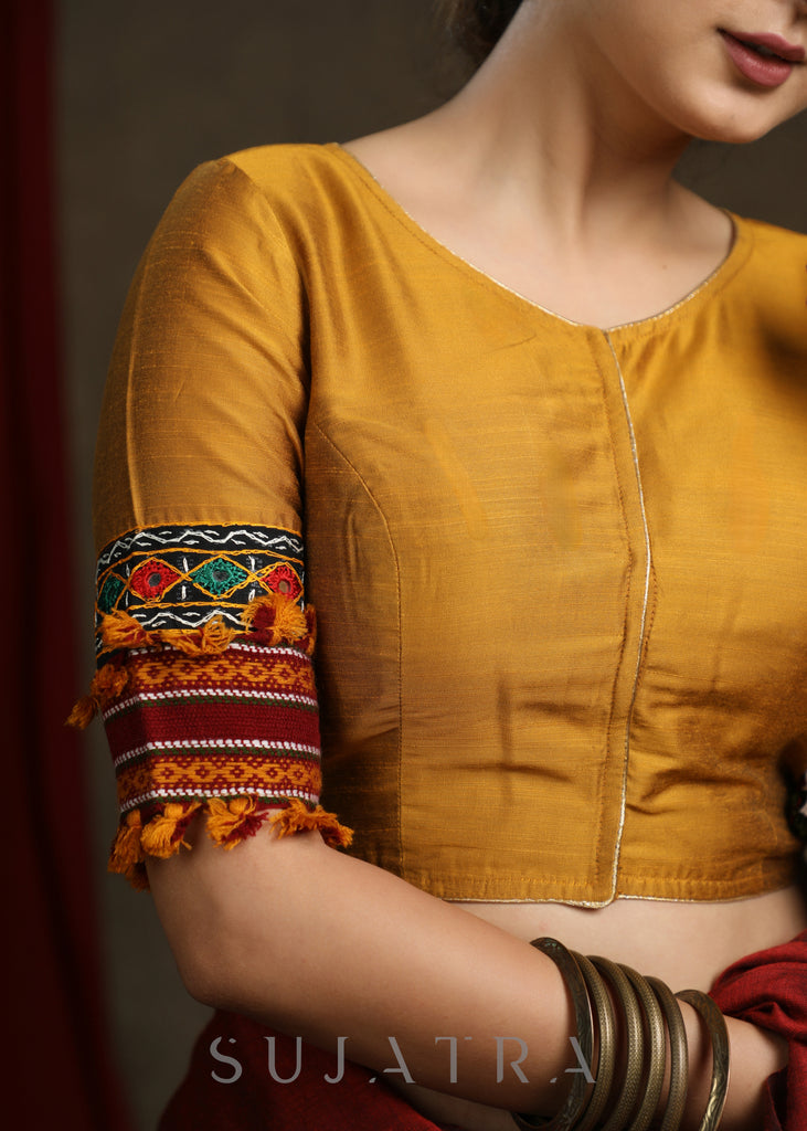 Mustard Cotton Silk Blouse with Kutch Lace and Mirror Combination