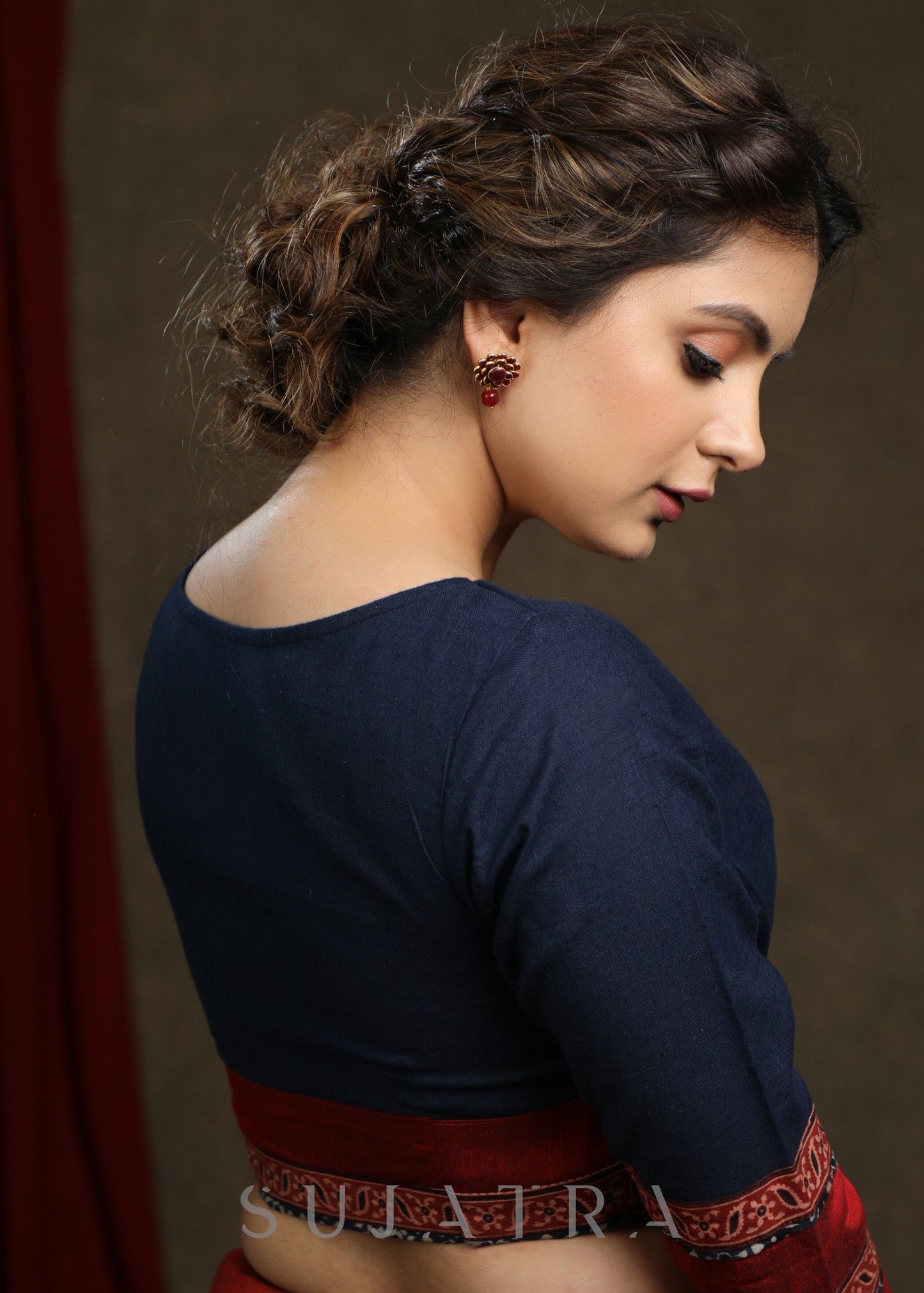 Classy Navy Blue Cotton Ajrak Combination Blouse