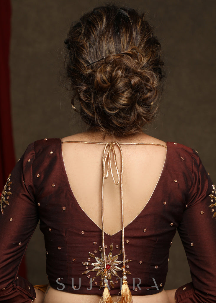Beautifully Hand Embroidered Coffee Brown Occasion Wear Cotton Silk Blouse - Optional Plain Saree