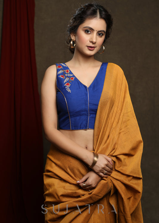 Classsy Blue Hand Embroidered Sleeveless Cotton Silk Blouse