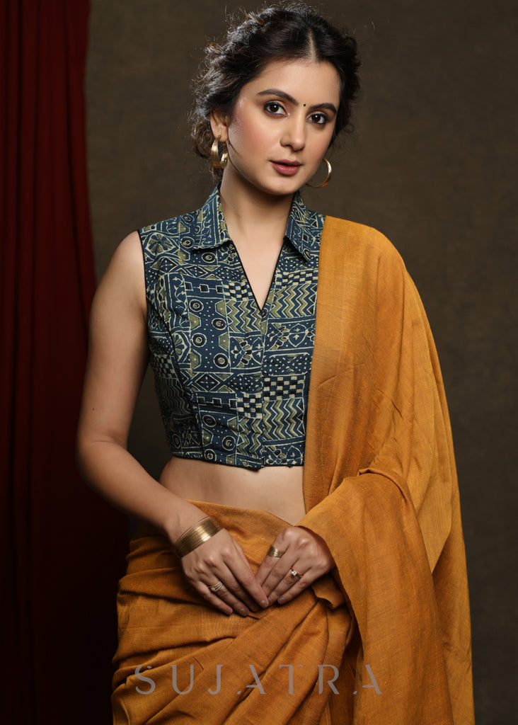 Smart Cotton Ajrak Collared Sleeveless Blouse