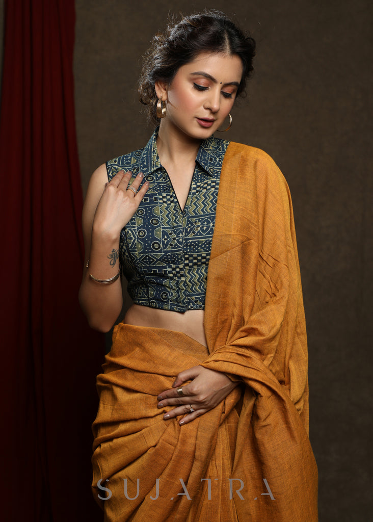 Smart Cotton Ajrak Collared Sleeveless Blouse