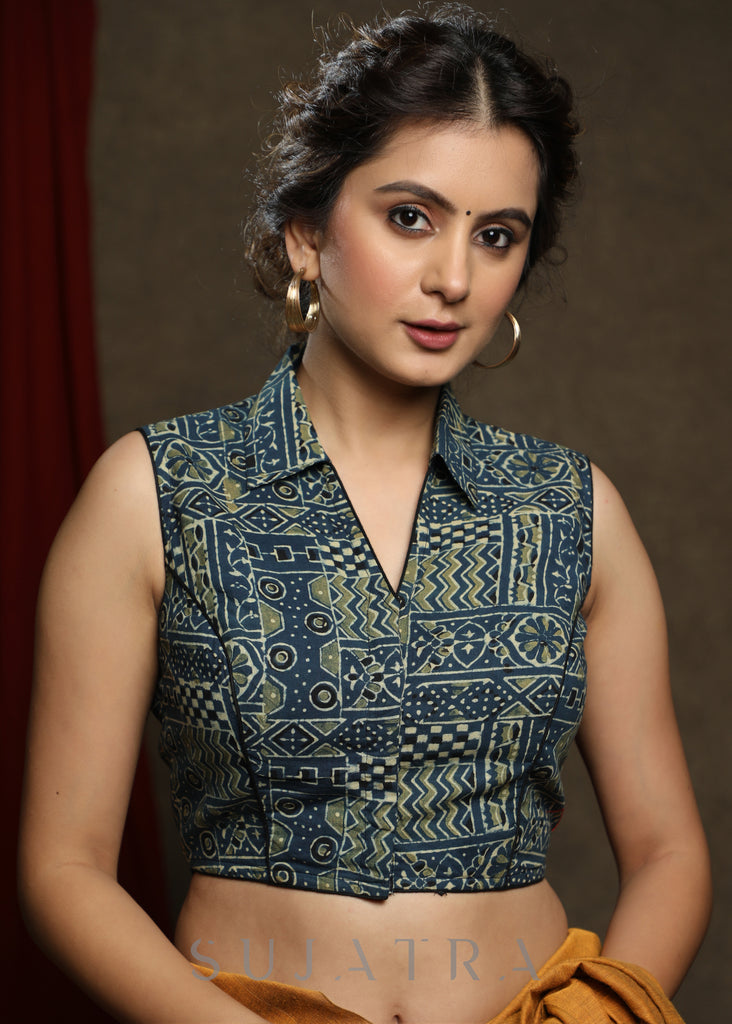 Smart Cotton Ajrak Collared Sleeveless Blouse