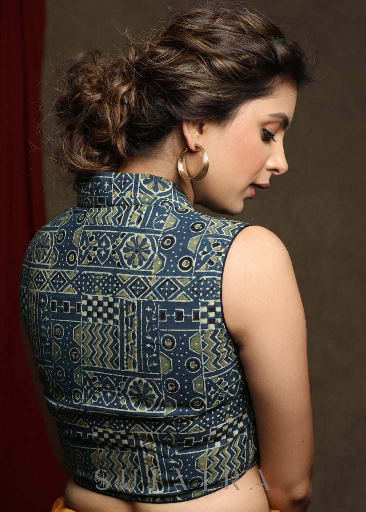 Smart Cotton Ajrak Collared Sleeveless Blouse