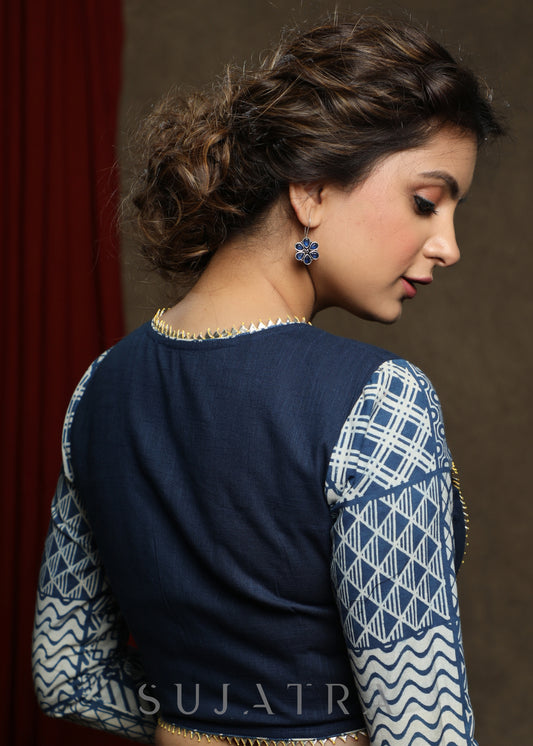 Smart Cotton Indigo Combination Full Sleeve Blouse