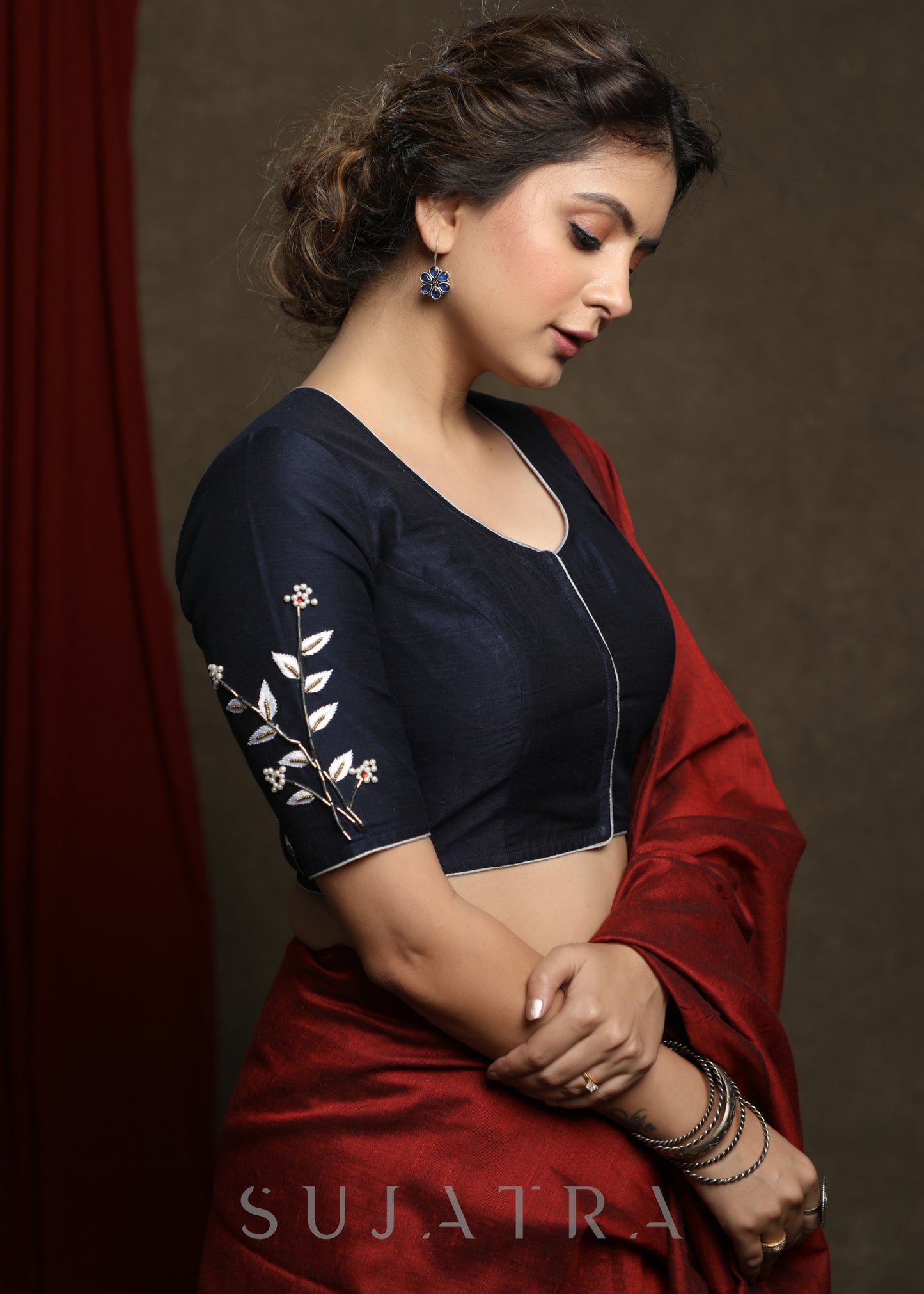 Hand Embroidered Navy Blue Cotton Silk Blouse