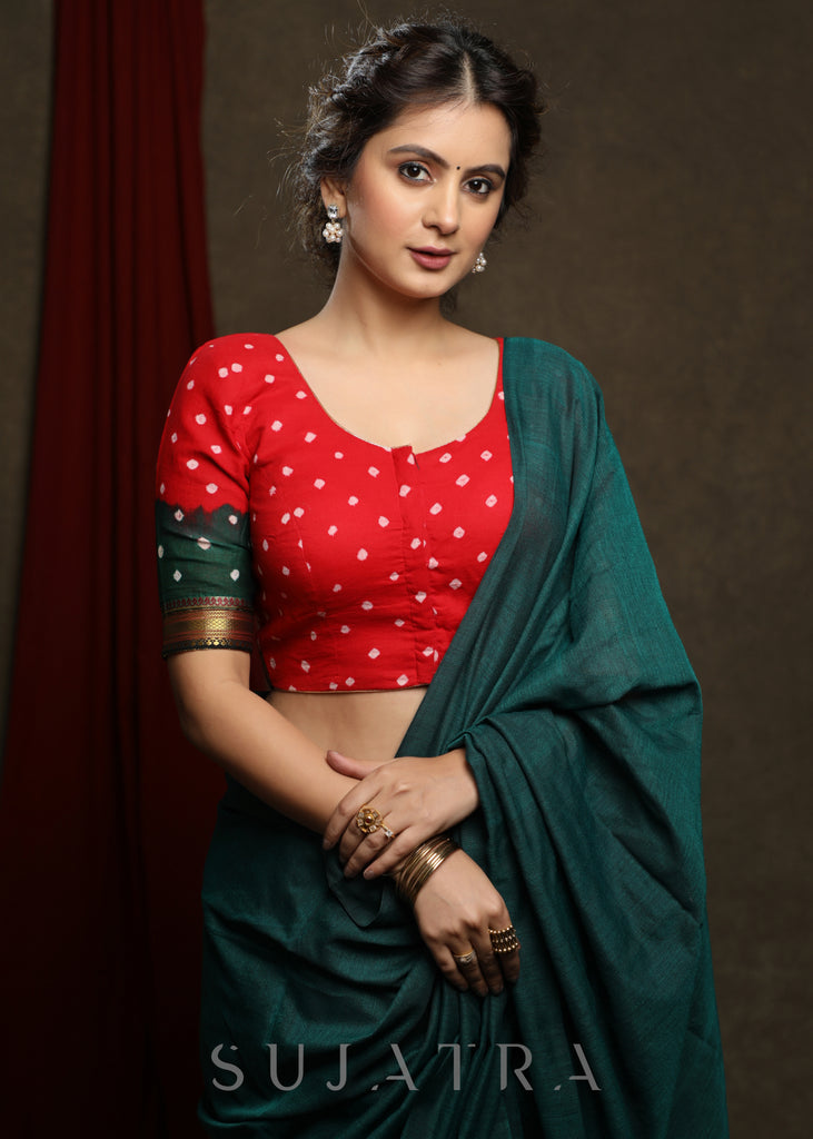 Red Bandhej Cotton Blouse with Lace Detailing
