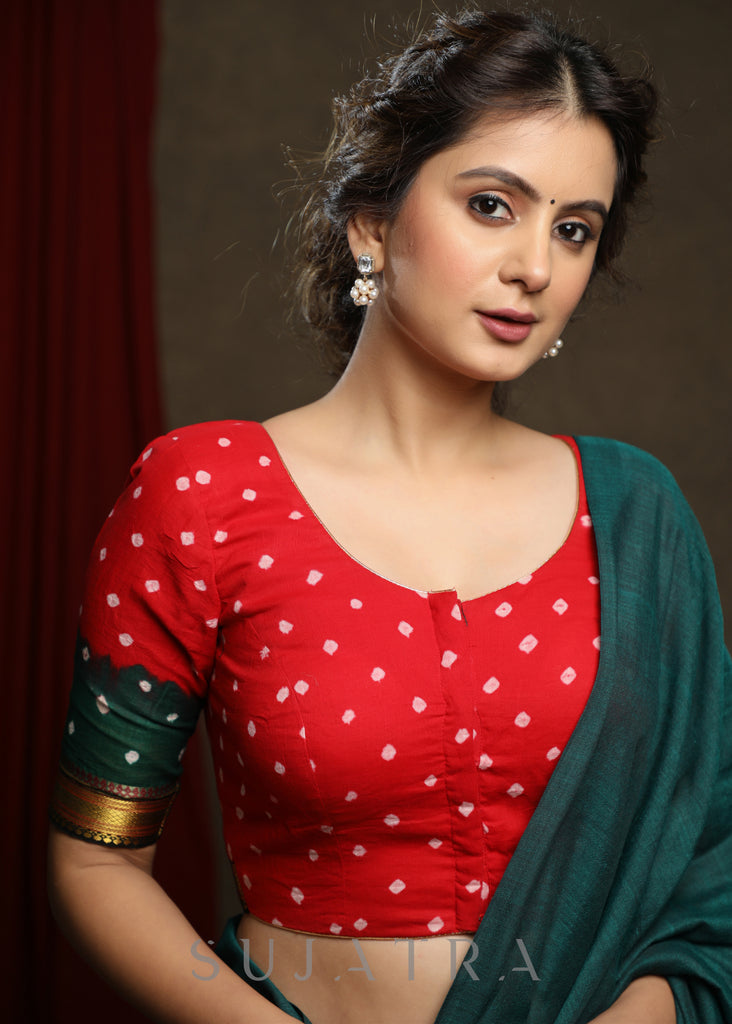 Red Bandhej Cotton Blouse with Lace Detailing